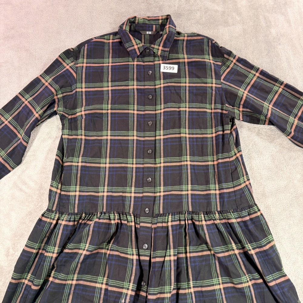Uniqlo Shirt Dress Womens Medium Navy‎ Blue Plaid Flannel Drop Waist 456743